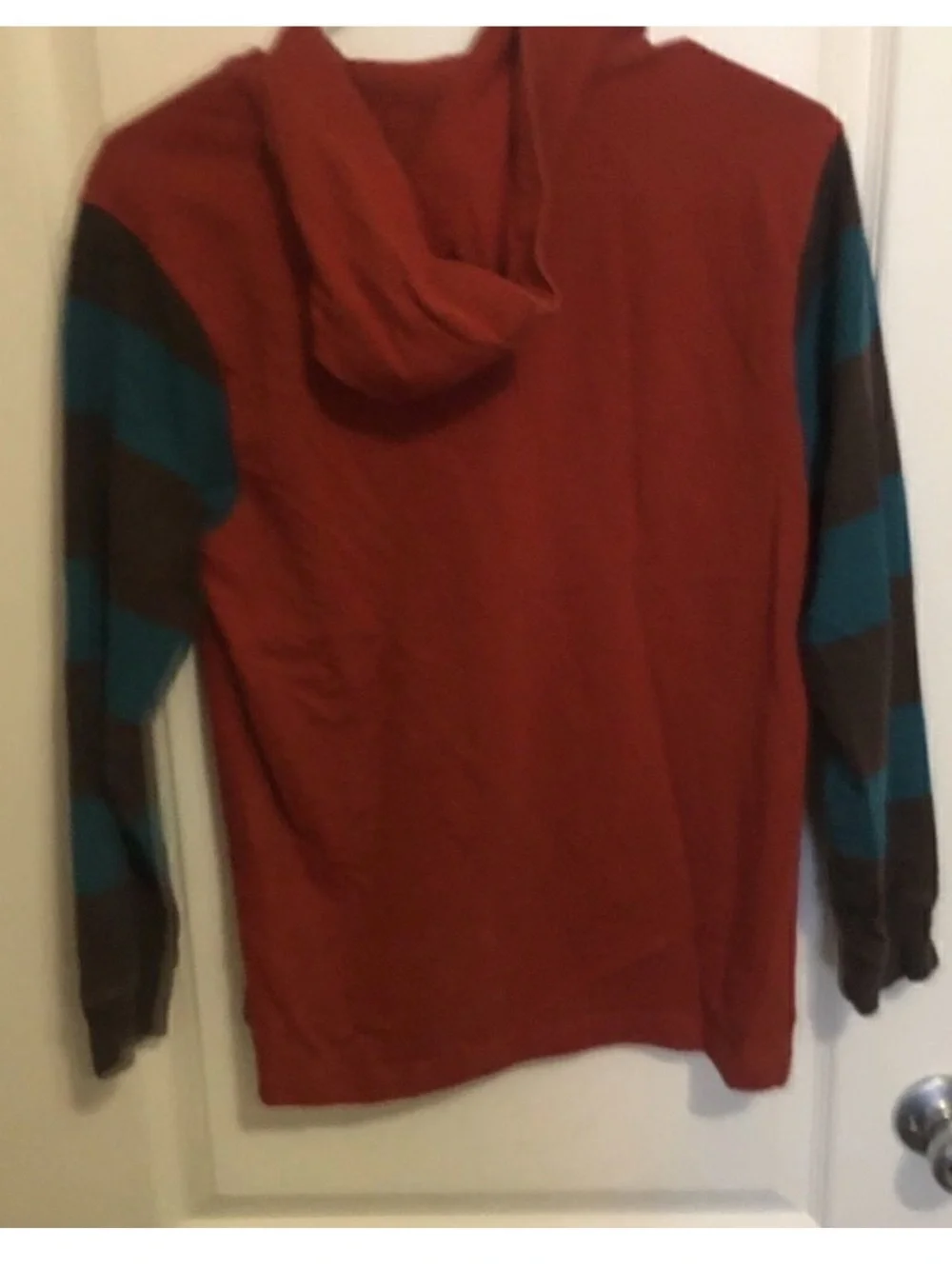 Old Navy Rust Hooded Sweatshirt with Teal and Brown Stripe Sleeves